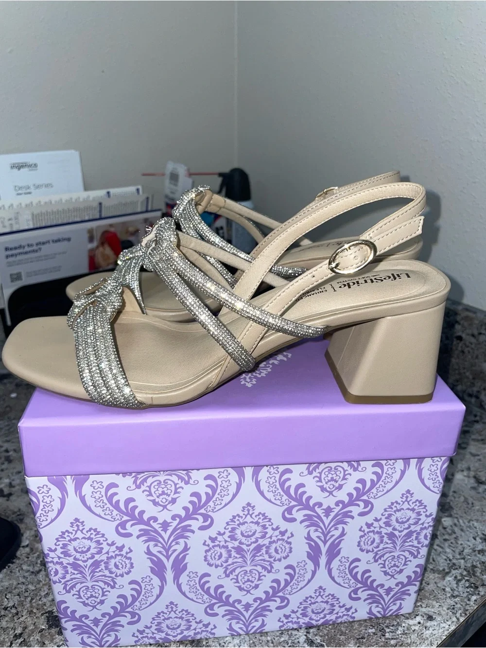 Life Stride Beige Slingback Sandals with Silver Beaded Knots